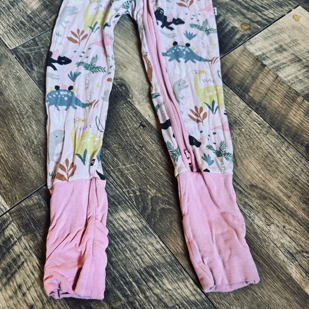 Little Sleepies Pink Floral and Green Dino Zip One-Piece Pajama - Picture 3 of 9